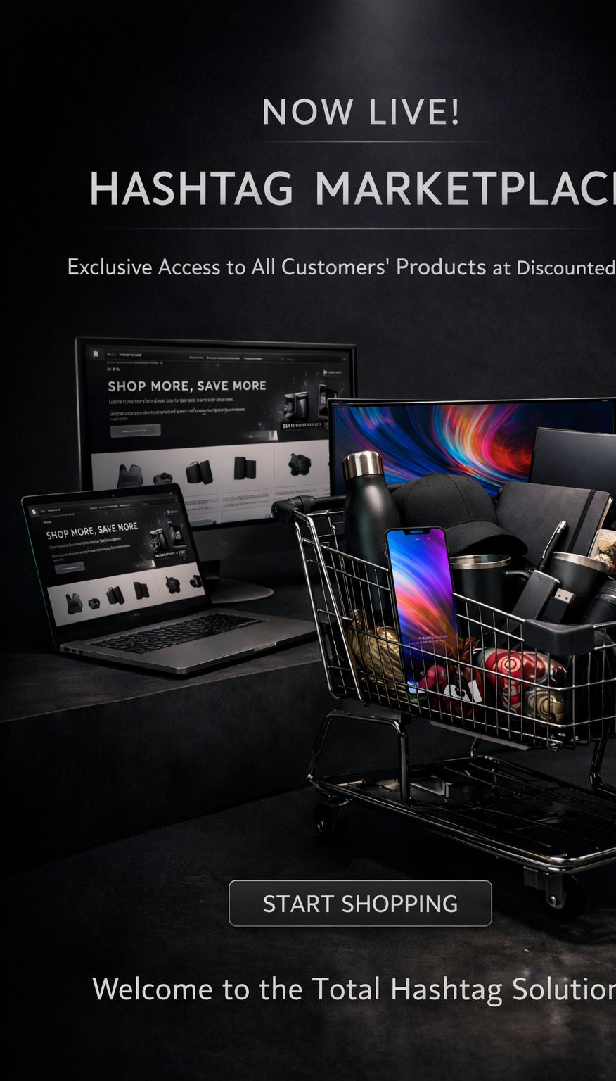 Promotional image of a shopping cart with products and computer monitors displaying a marketplace interface.
